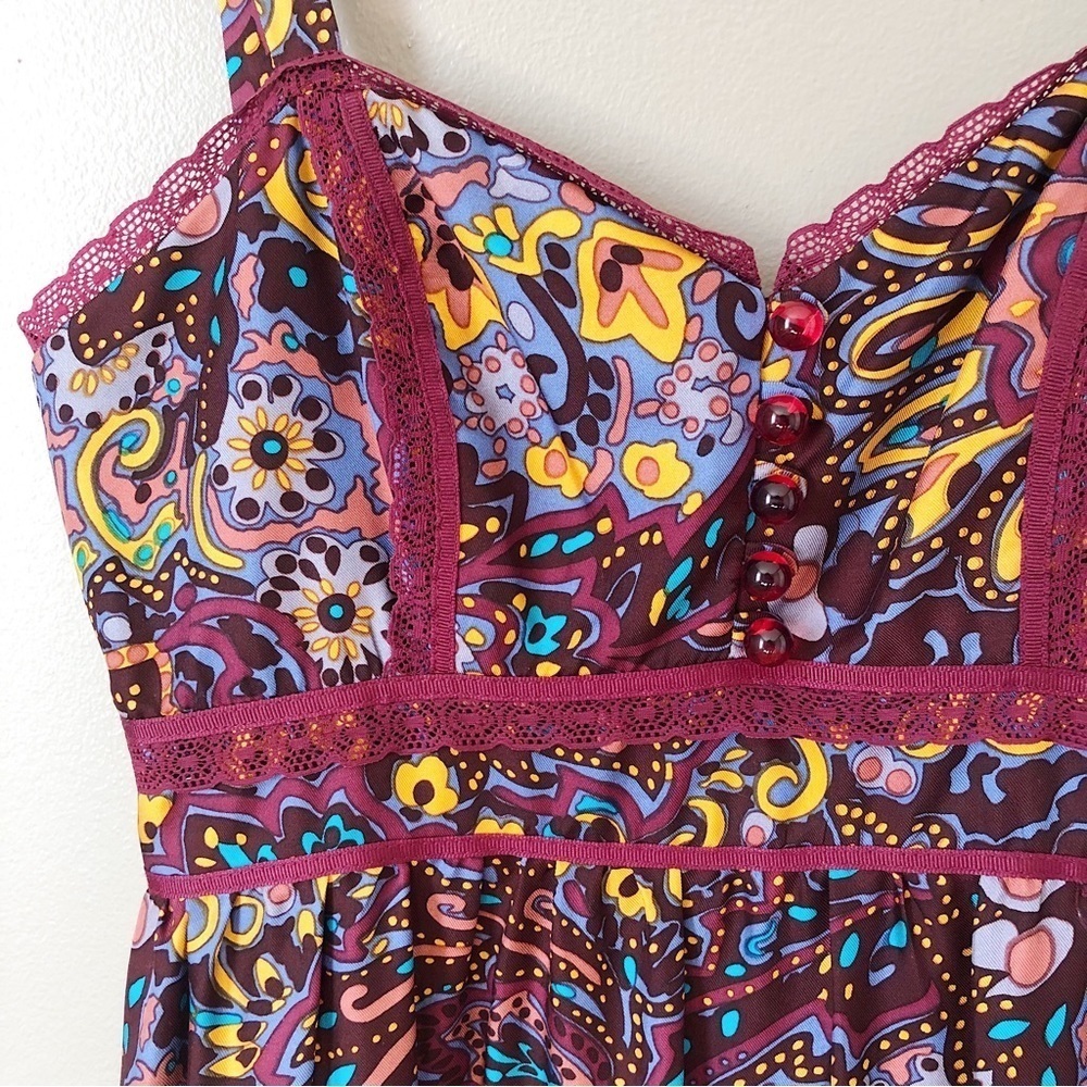Betsey Johnson • vintage silk dress paisley midi retro 70s colorful lace peasant - Picture 5 of 11
